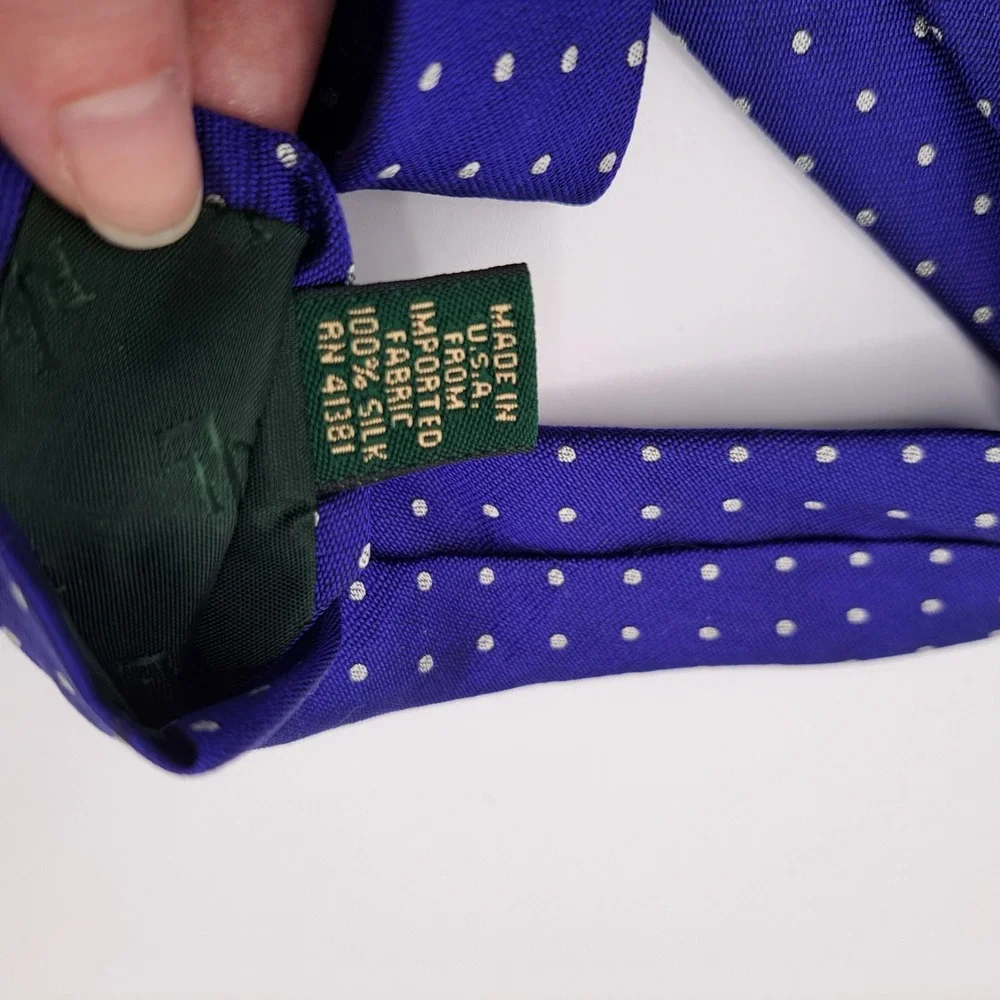 Lauren Ralph Lauren Navy Blue Polka Dot Patterned Silk Tie 57x4 Made In USA